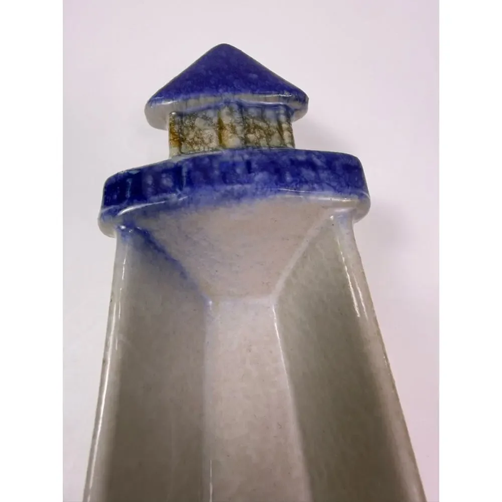 Ceramic Lighthouse Olive Dish Blue Drip Glaze Coastal Nautical Beach Relish Tray